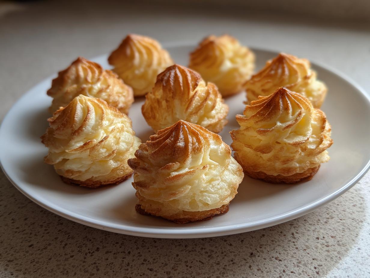 Seven perfectly piped and baked duchess potatoes with golden brown peaks arranged on a white serving plate.