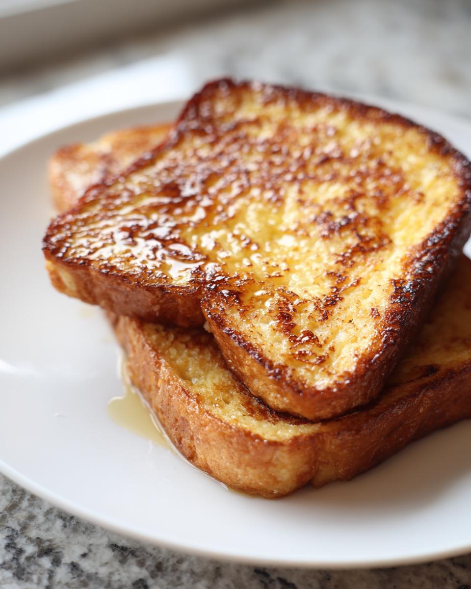 Close-up of three golden brown slices of easy french toast drizzled with syrup on a white plate.