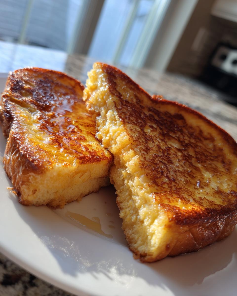 Two thick slices of golden brown easy french toast drizzled with syrup on a white plate.