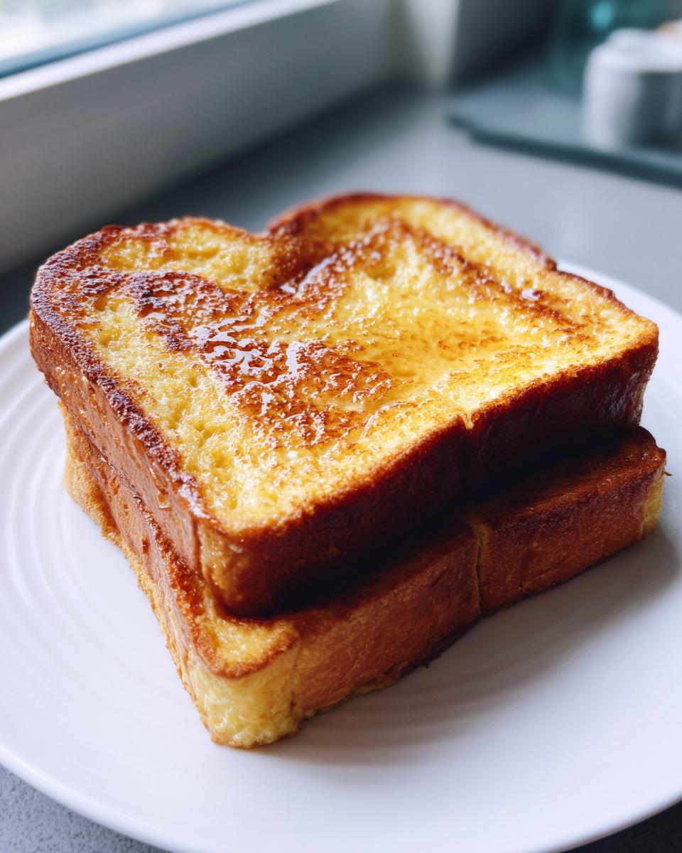 Two slices of golden brown, syrup-drizzled easy french toast stacked on a white plate.