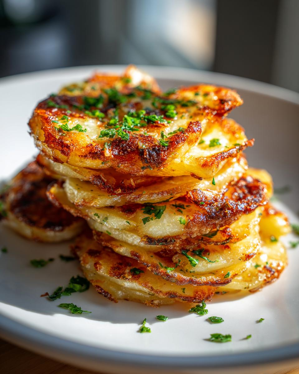 Close-up of perfectly cooked, crispy potato stacks, golden brown and topped with fresh green parsley.