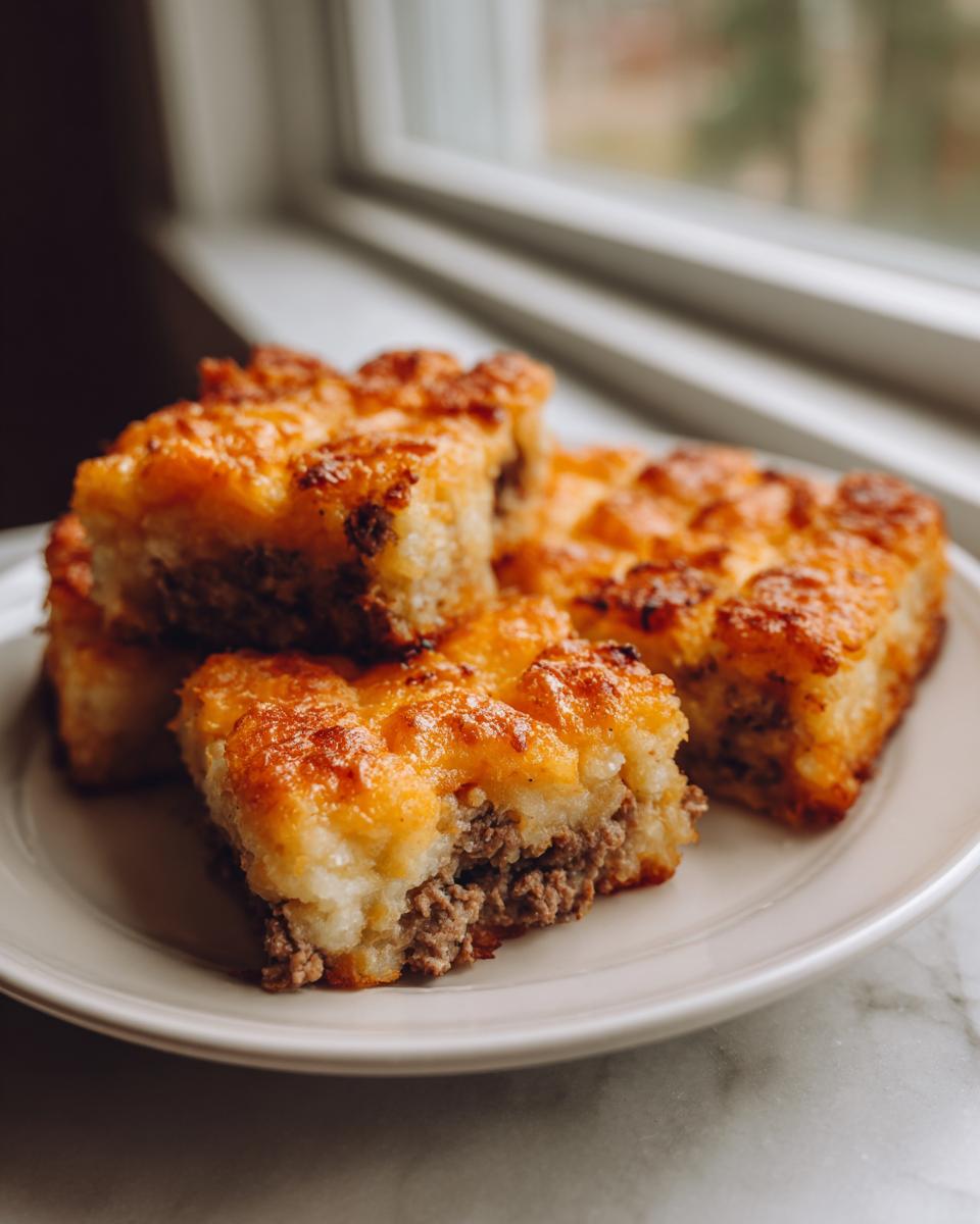 Four squares of baked tater tot casserole with a cheesy, crispy top and ground meat layer.