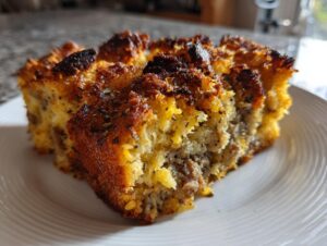 Close-up of a golden brown, baked slice of savory stuffing featuring sausage and herbs, served on a white plate.