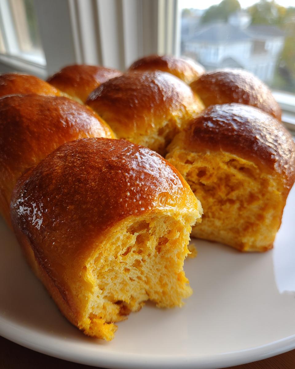 Close-up of shiny, golden brown sweet potato rolls on a white plate, one roll has a bite taken out showing the orange interior.