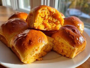 A close-up of several glossy, golden-brown sweet potato rolls piled on a white plate, one broken open showing the vibrant orange interior.