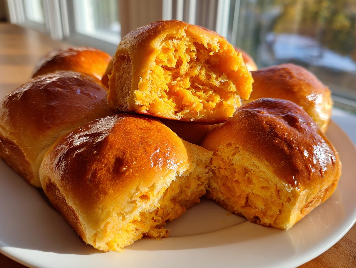 A close-up of several glossy, golden-brown sweet potato rolls piled on a white plate, one broken open showing the vibrant orange interior.