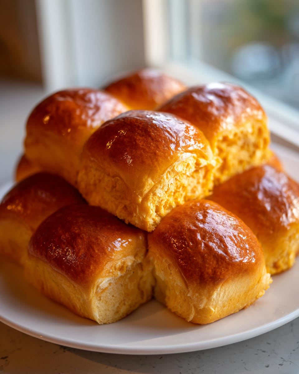 A close-up of several golden brown, glossy sweet potato rolls piled on a white plate near a window.