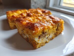 Two golden brown slices of hearty tater tot casserole with a cheesy top layer, served on a white plate.