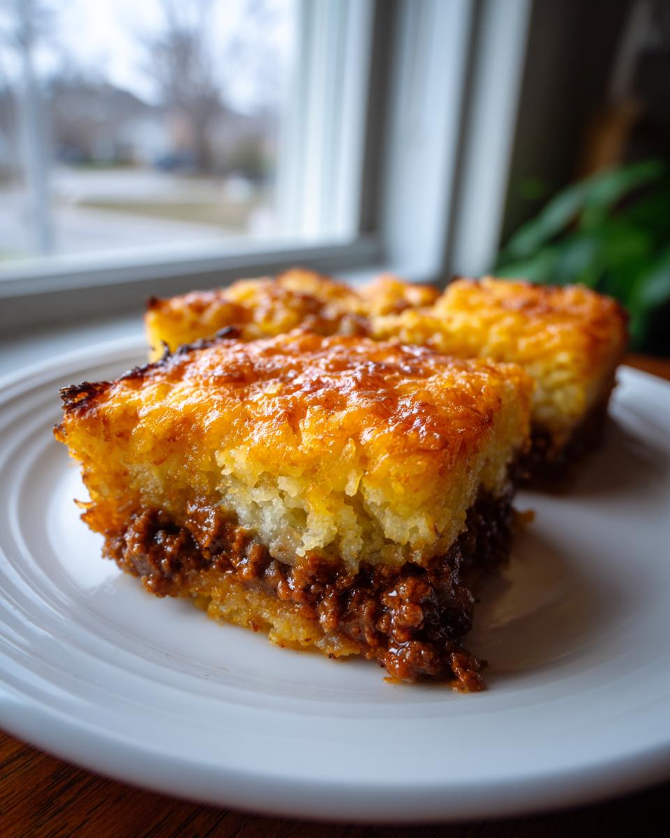 Close-up of three squares of tater tot casserole with a crispy, cheesy top layer and rich meat filling.