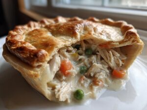 Close-up of a delicious turkey pot pie recipe slice showing flaky crust and creamy filling with shredded turkey, peas, and carrots.