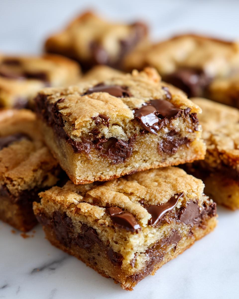 Two stacked squares of rich, gooey cake mix cookie bars loaded with melted chocolate chips.