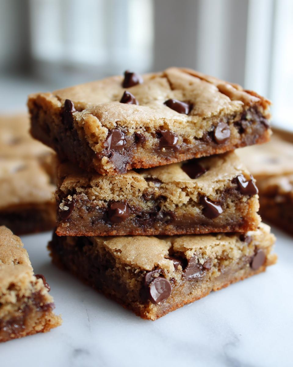 A stack of three rich, gooey chocolate chip cake mix cookie bars on a white marble surface.
