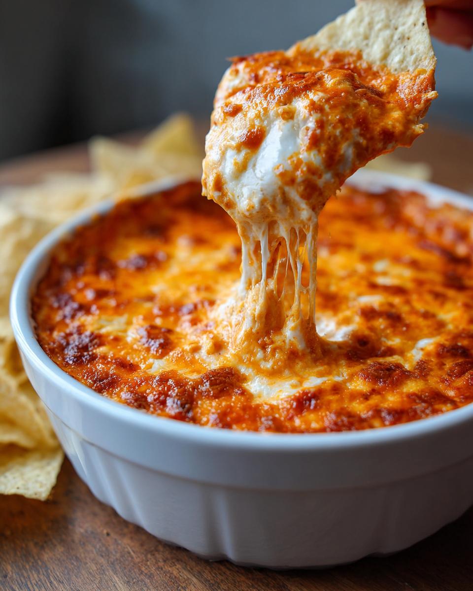 A tortilla chip pulls up a gooey, cheesy string from a baked chili cheese dip in a white ramekin.