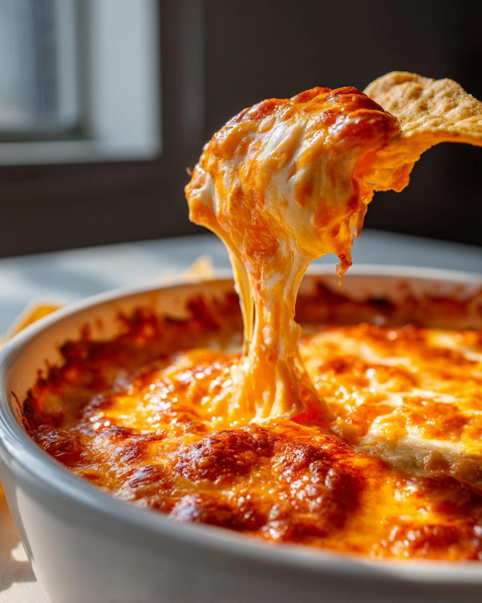 A tortilla chip pulling a massive, gooey, cheesy stretch from a baked chili cheese dip.