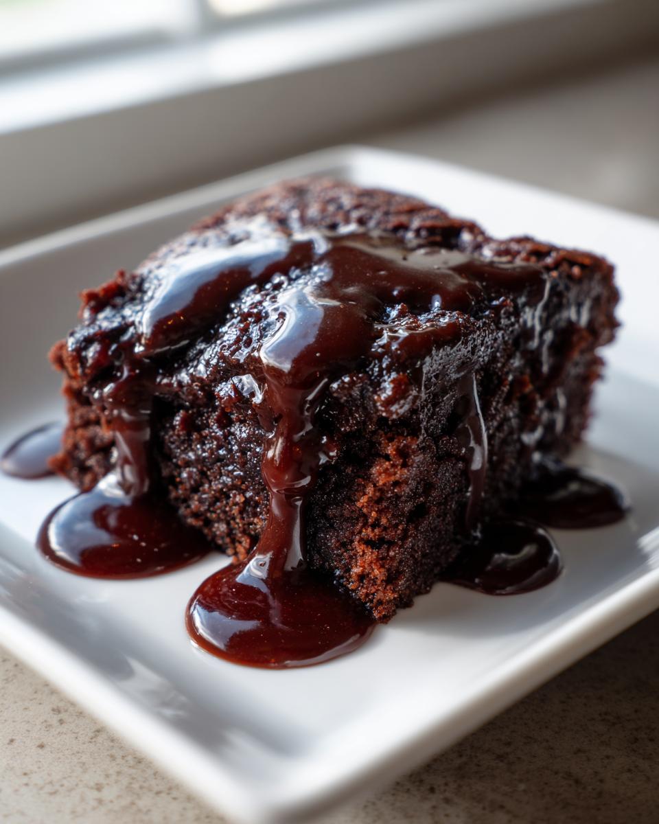 A rich, dark slice of chocolate pudding cake generously covered in glossy, flowing chocolate sauce.