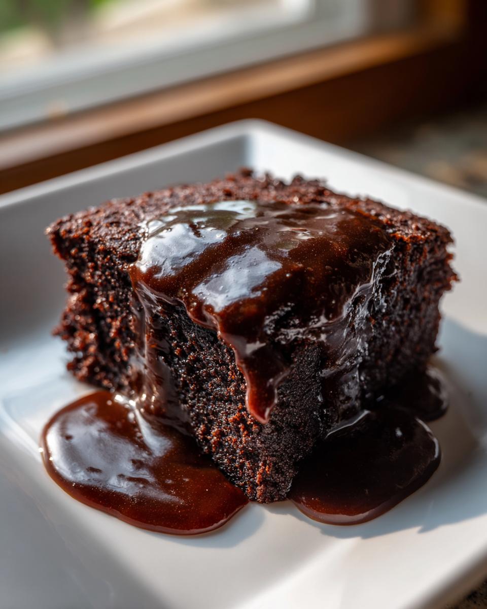 A rich, dark slice of chocolate pudding cake generously topped with glossy chocolate sauce.