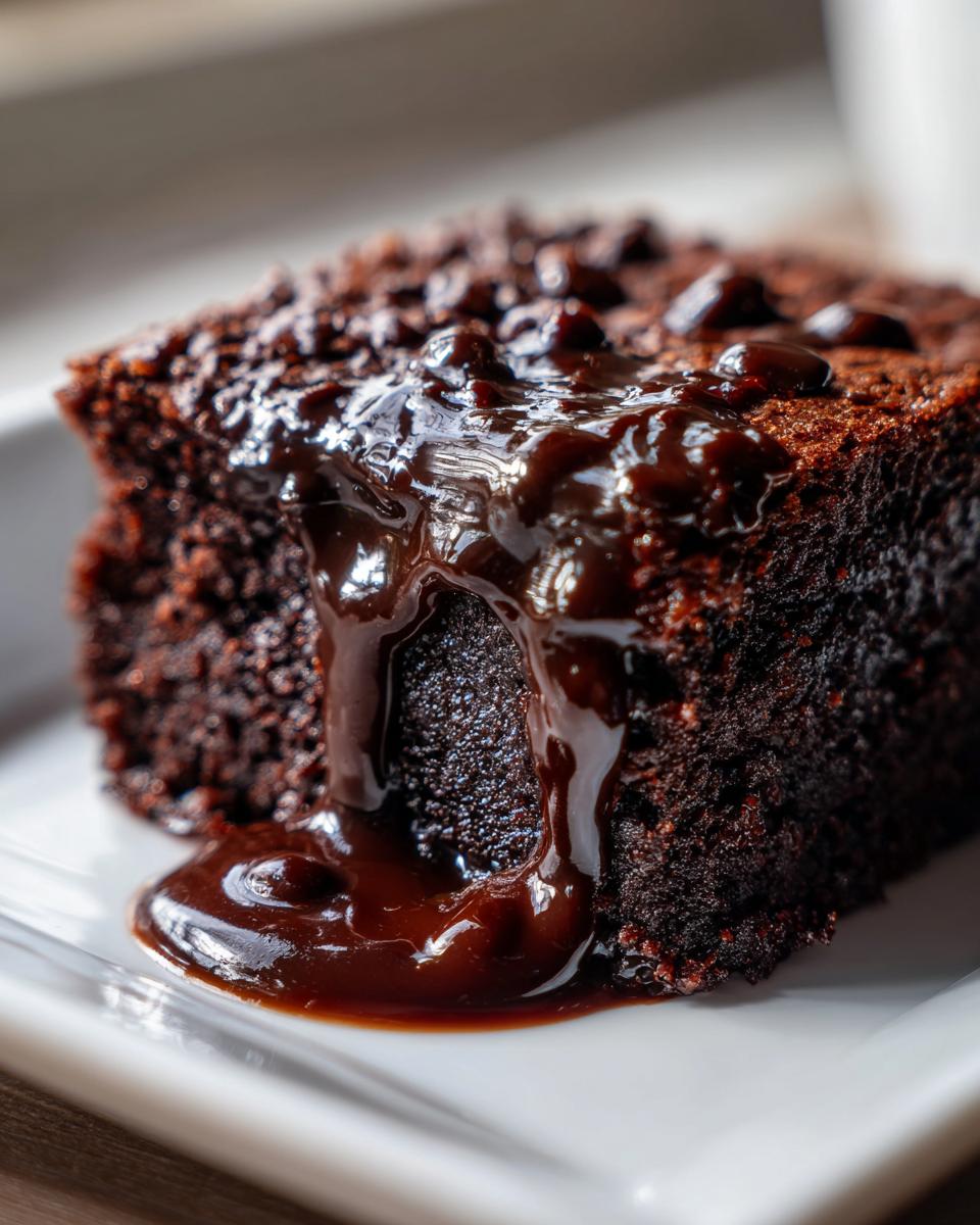 Close-up of a rich slice of chocolate pudding cake topped with thick, glossy chocolate sauce.