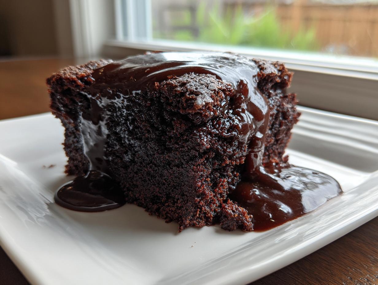 A moist slice of chocolate pudding cake generously covered in warm, dripping chocolate sauce.