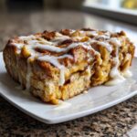 A close-up of a gooey cinnamon roll apple pie slice drizzled heavily with white icing on a white plate.