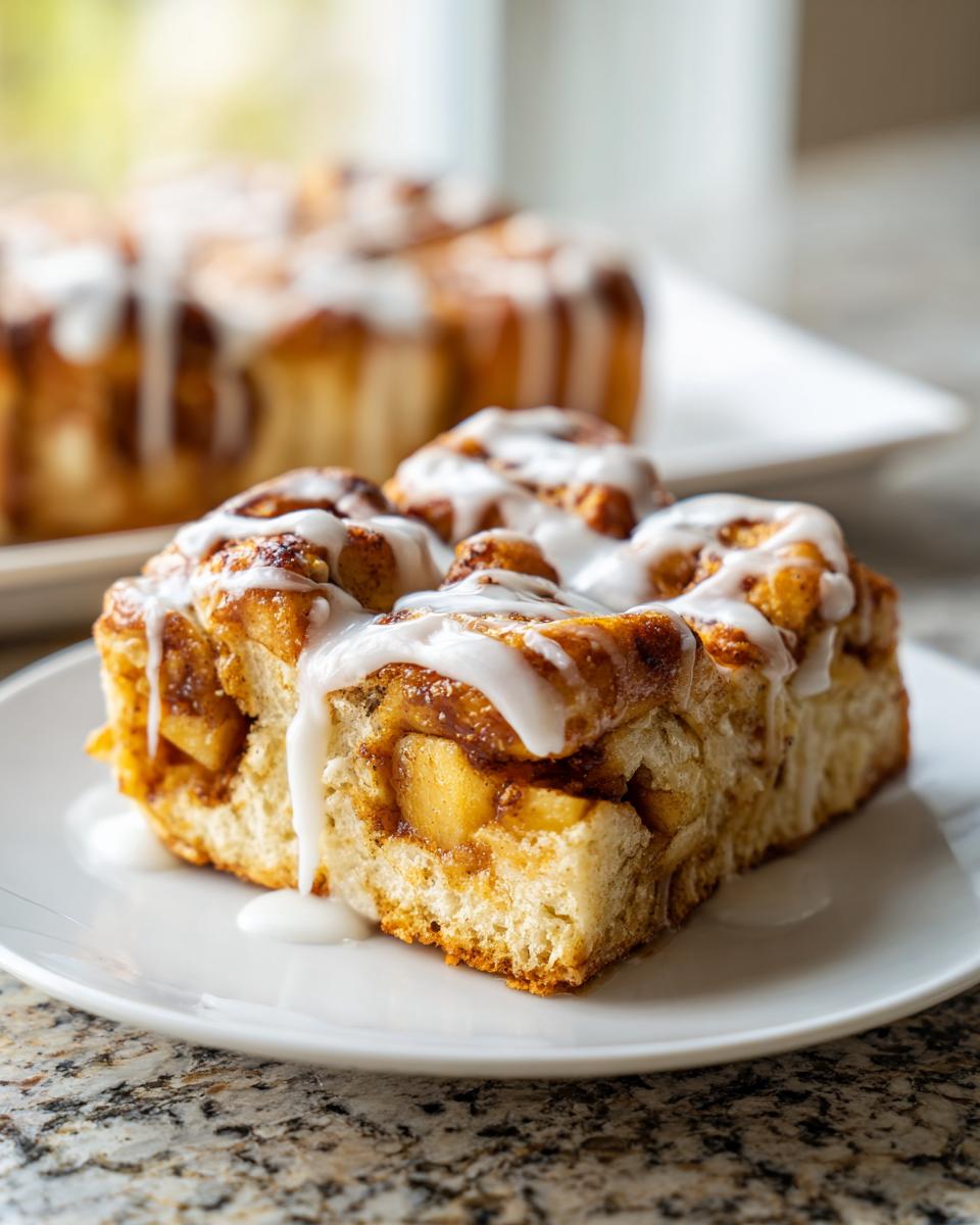 Close-up of gooey cinnamon roll apple pie slices drizzled with white icing on a white plate.