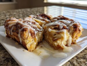 Close-up of gooey cinnamon roll apple pie slices drizzled with white icing on a white plate.