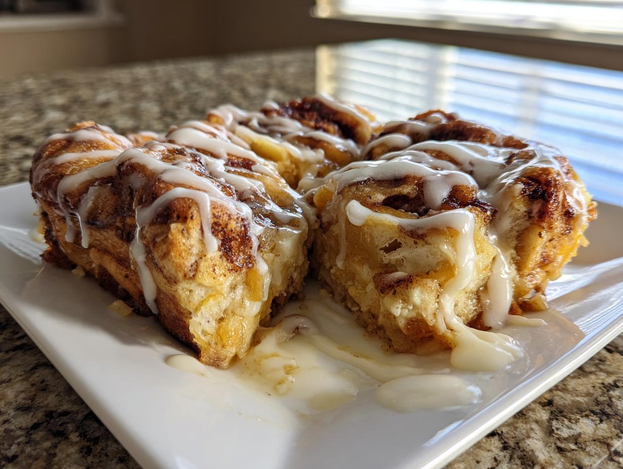 Close-up of gooey cinnamon roll apple pie slices drizzled with white icing on a white plate.