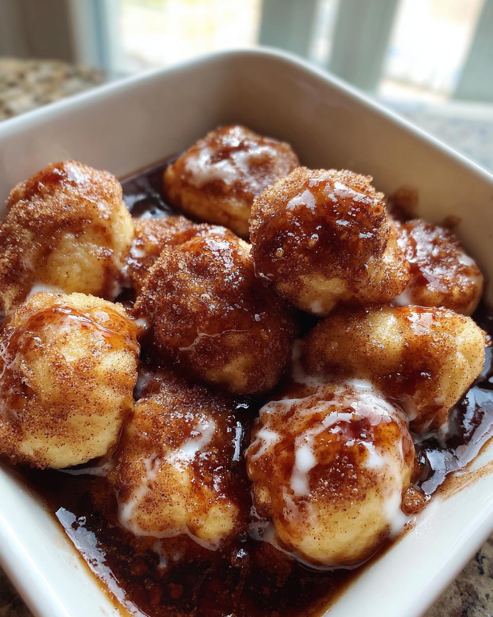 Close-up of several warm cinnamon roll bites coated in cinnamon sugar and drizzled with white icing and dark glaze.