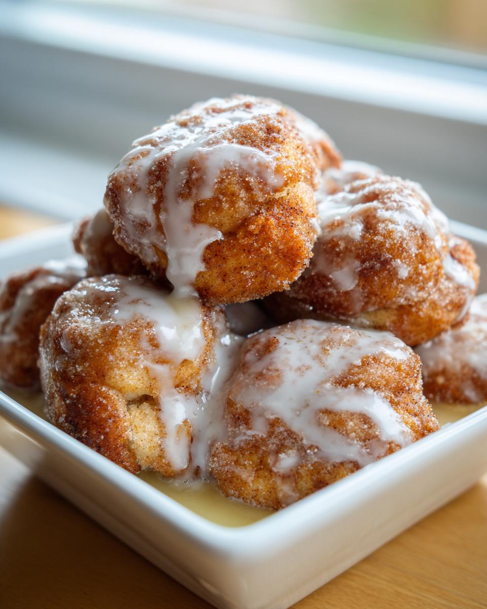 A stack of warm, golden cinnamon roll bites coated in cinnamon sugar and drizzled with white icing.