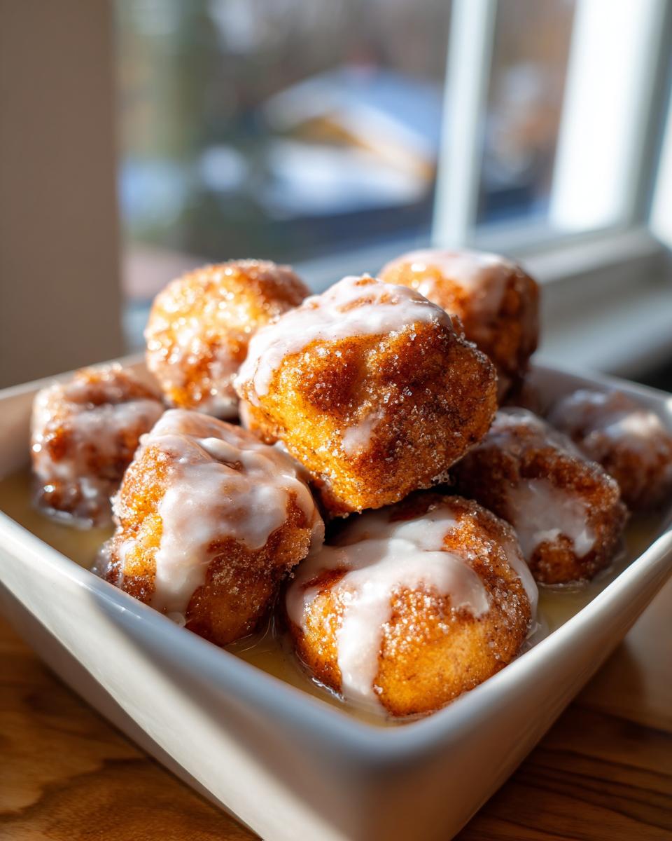 A close-up of several warm cinnamon roll bites, drizzled with white icing, sitting in a white dish.