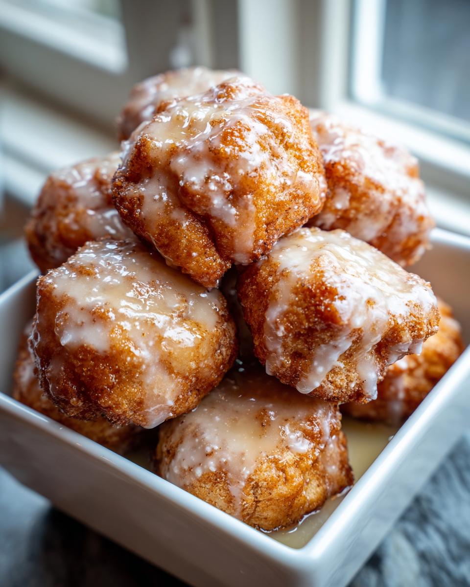 Close-up of several warm, golden brown cinnamon roll bites generously drizzled with white glaze, piled in a white dish.