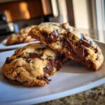 A close-up of a sourdough chocolate chip cookie broken in half, revealing a molten, gooey chocolate center.