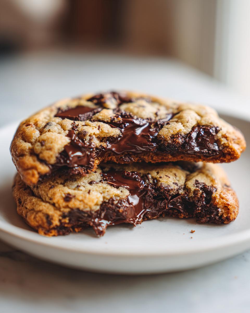 Two stacked sourdough chocolate chip cookies broken open to show melted, gooey chocolate centers.