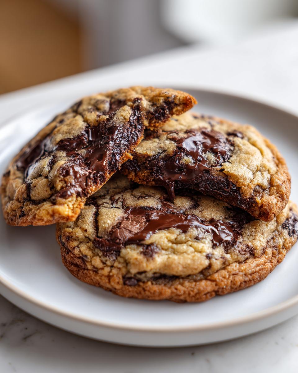 Close-up of two gooey sourdough chocolate chip cookies, one broken open to show melted chocolate.
