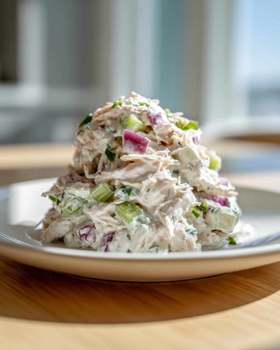 A close-up of a perfectly scooped mound of greek yogurt chicken salad mixed with celery and red onion.