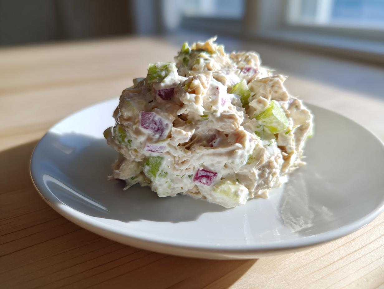 A mound of creamy greek yogurt chicken salad mixed with diced red onion and celery on a white plate.