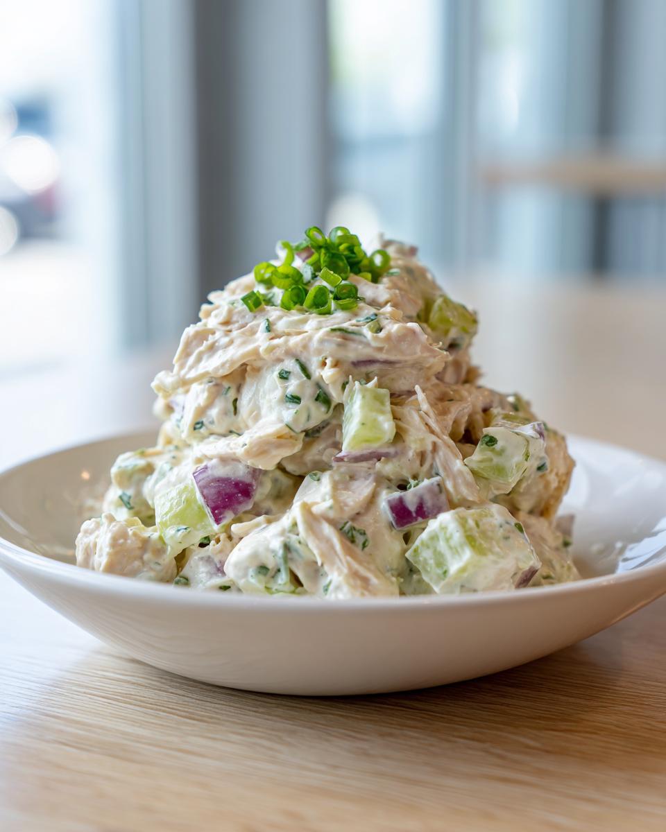 A mound of creamy greek yogurt chicken salad mixed with celery and red onion, topped with chives.