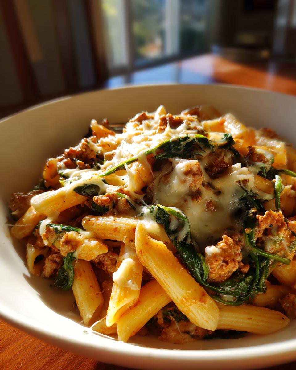 Close-up of cheesy ground turkey pasta with penne and wilted spinach, served in a white bowl.