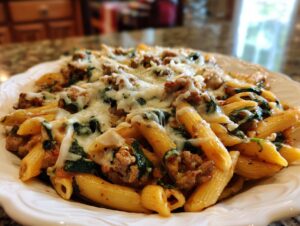 Close-up of a plate of ground turkey pasta mixed with spinach and topped with melted mozzarella cheese.