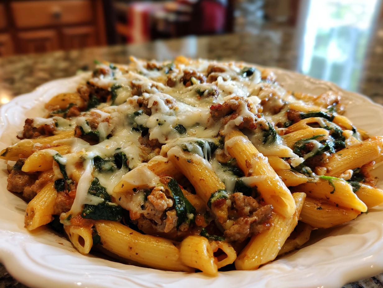 Close-up of a plate of ground turkey pasta mixed with spinach and topped with melted mozzarella cheese.