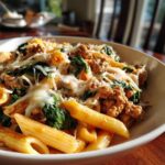 Close-up of a bowl of ground turkey pasta mixed with spinach and topped with melted mozzarella cheese.