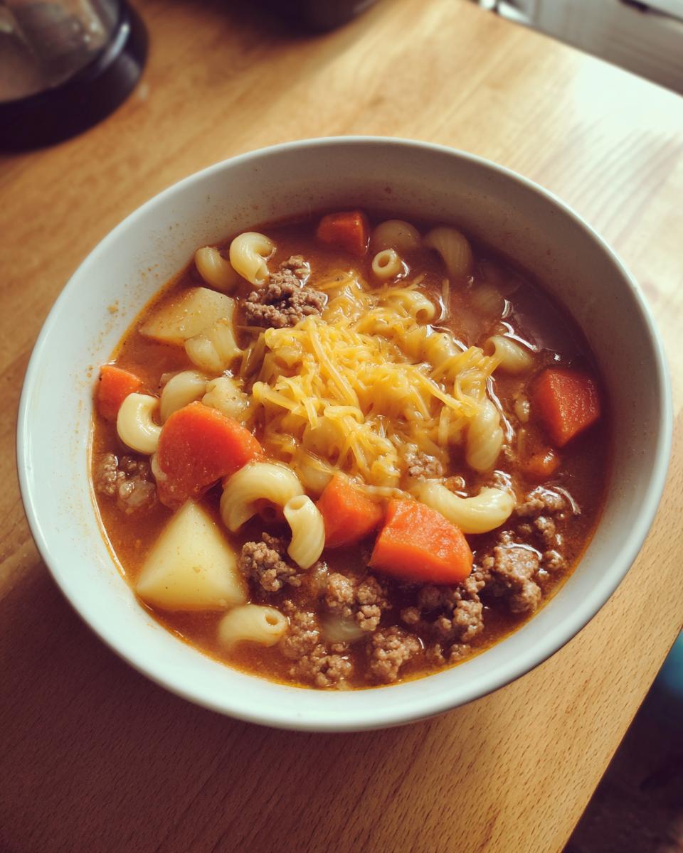 Close-up of a white bowl filled with rich hamburger soup, featuring ground beef, carrots, potatoes, elbow macaroni, and shredded cheddar cheese.