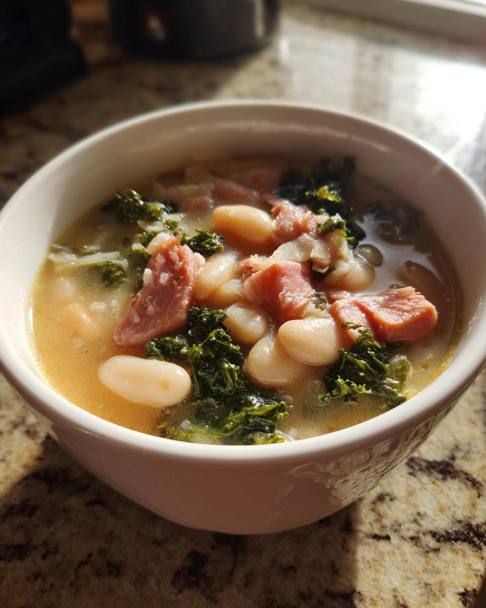 Close-up of a white bowl filled with hearty bean soup featuring white beans, dark green kale, and chunks of smoked sausage.