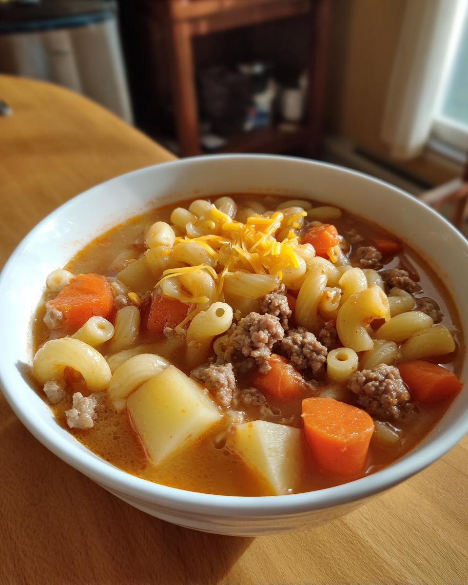 A close-up of a white bowl filled with rich hamburger soup, featuring ground beef, carrots, potatoes, and elbow macaroni topped with shredded cheese.