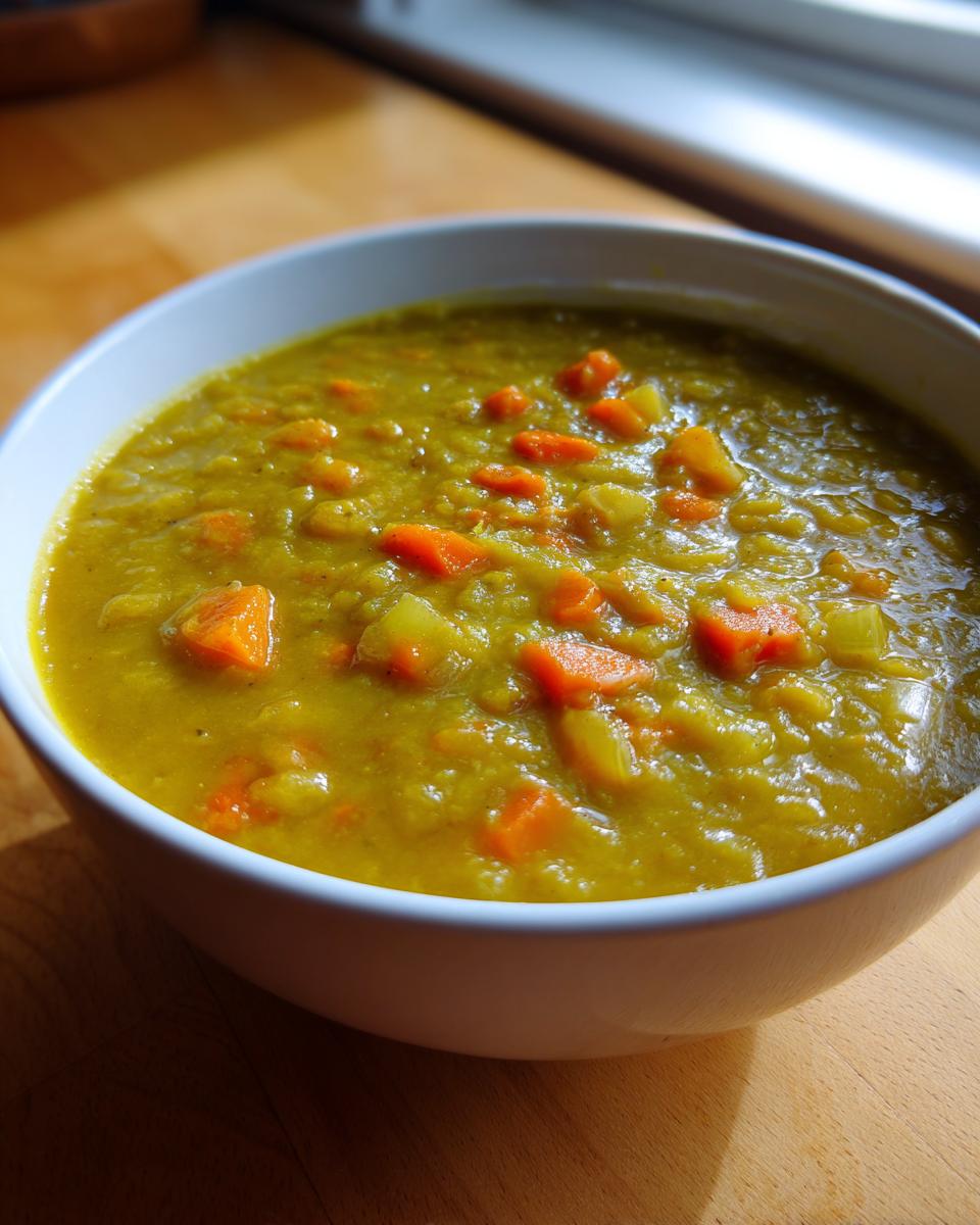 Close-up of a thick, yellow-green bowl of homemade pea soup topped with visible chunks of bright orange carrots.