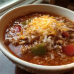 Close-up of a bowl of stuffed pepper soup featuring ground meat, rice, peppers, and topped with shredded cheddar cheese.