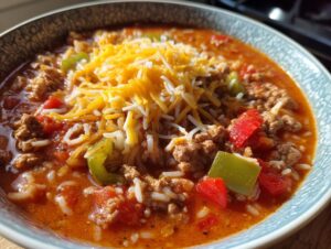 Close-up of a bowl of stuffed pepper soup with ground meat, rice, peppers, and shredded cheese topping.