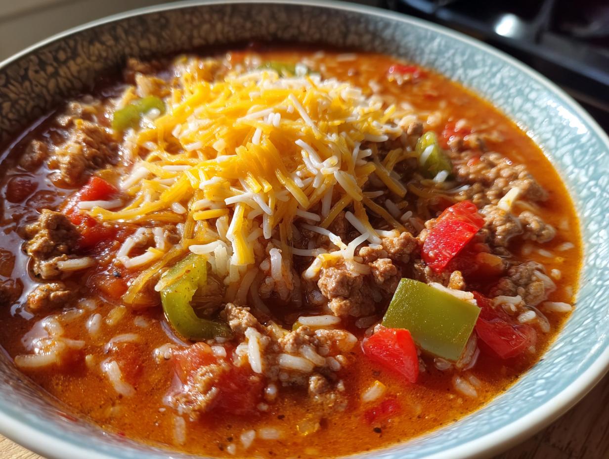 Close-up of a bowl of stuffed pepper soup with ground meat, rice, peppers, and shredded cheese topping.