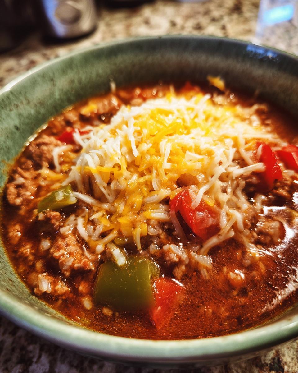 Close-up of a bowl of rich stuffed pepper soup topped generously with shredded cheese.