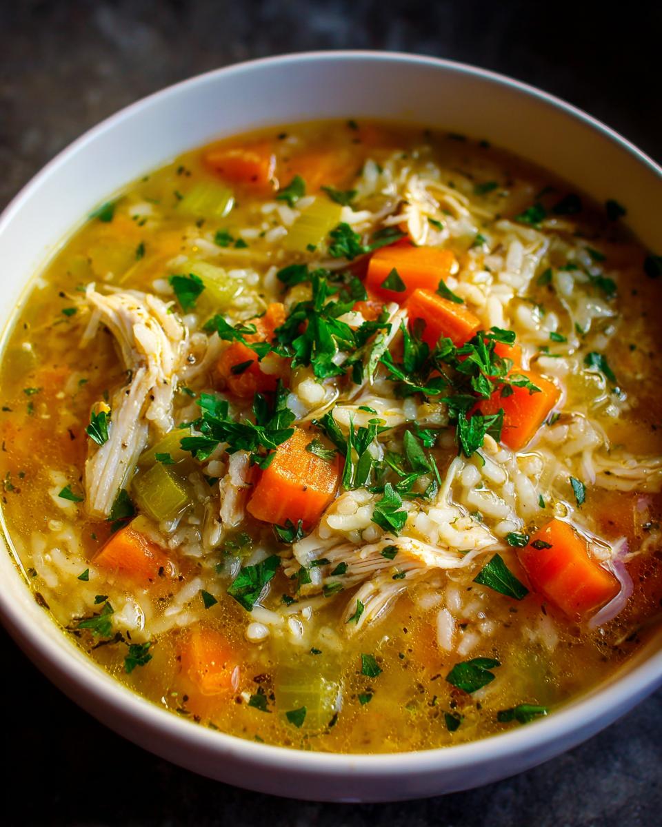 Close-up of a bowl of rich turkey soup containing shredded meat, rice, carrots, celery, and fresh parsley garnish.