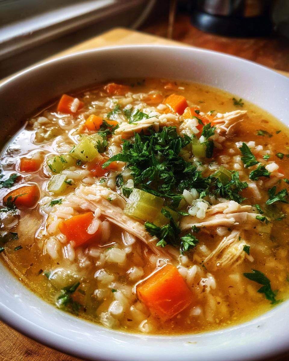Close-up of a white bowl filled with rich turkey soup, featuring shredded turkey, rice, carrots, celery, and fresh parsley garnish.